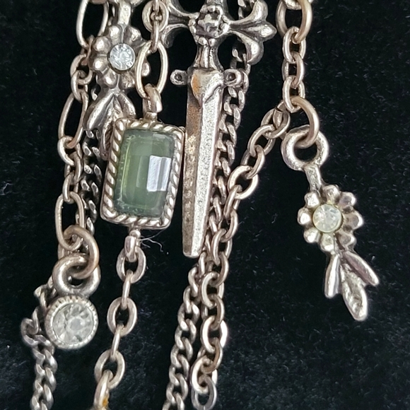 Silvertone 3.5" Dangle Earrings | green stones, sword, flowers, rhinestones EUC - Picture 4 of 10